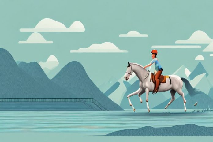 A horse and rider in a scenic fjord landscape