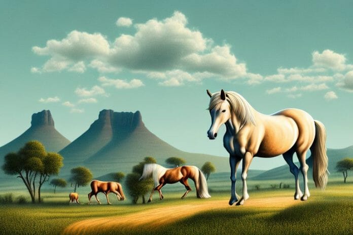 A cob horse in a rural south african landscape