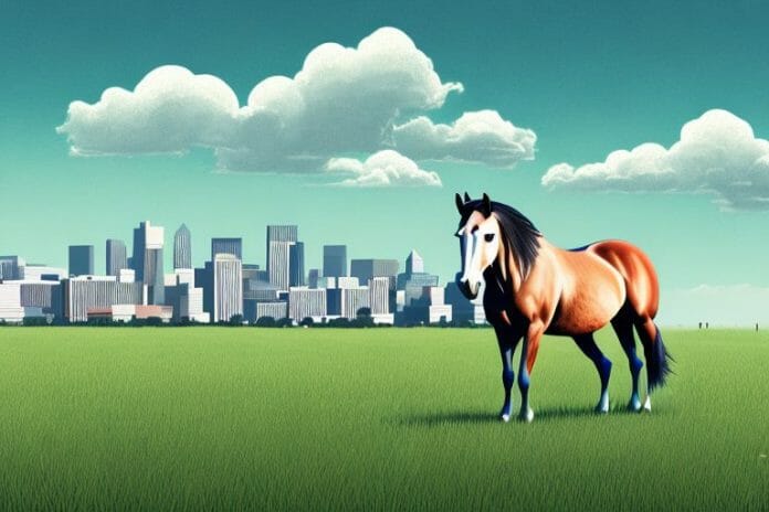 A horse in a field with the mafikeng skyline in the background