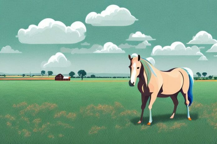A horse in a field with a backdrop of the potchefstroom landscape