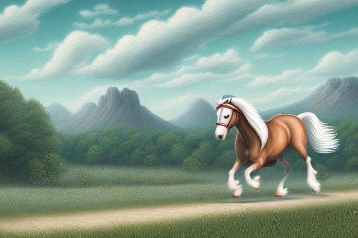An american belgian draft horse galloping through a scenic landscape in hartbeespoort