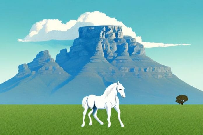 A horse in a field with the iconic table mountain in the background