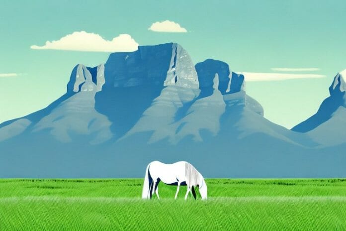A horse grazing in a field near the mountains of simon's town