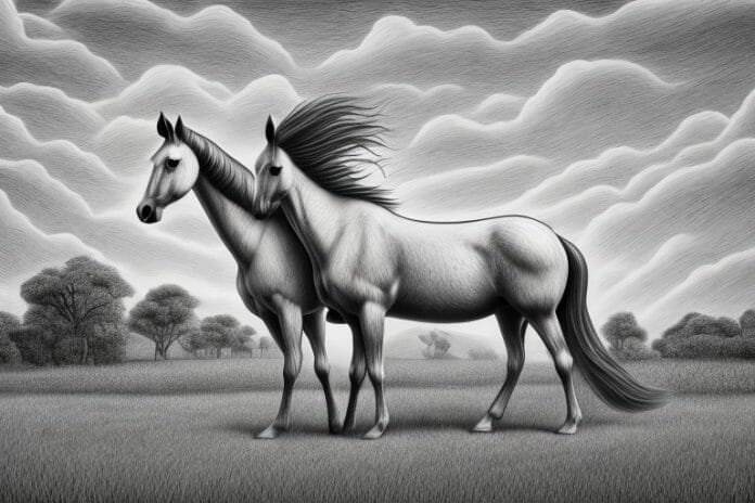 A hackney horse in a rural setting in bisho