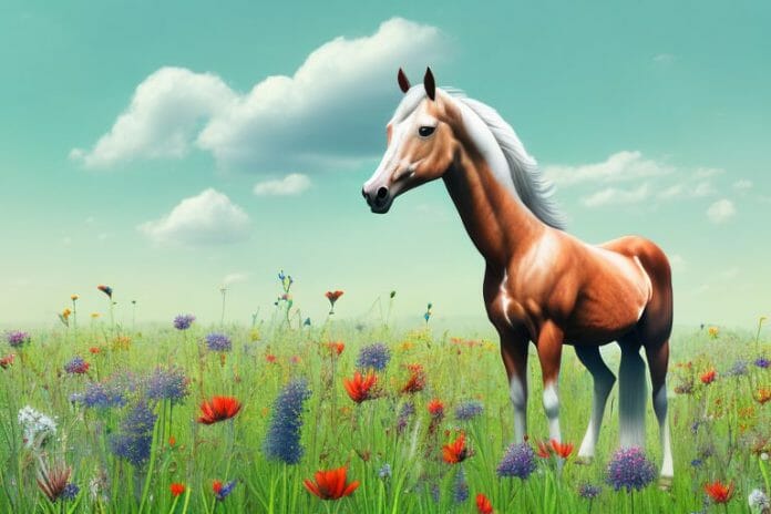 A hackney horse standing in a field of wildflowers in pretoria