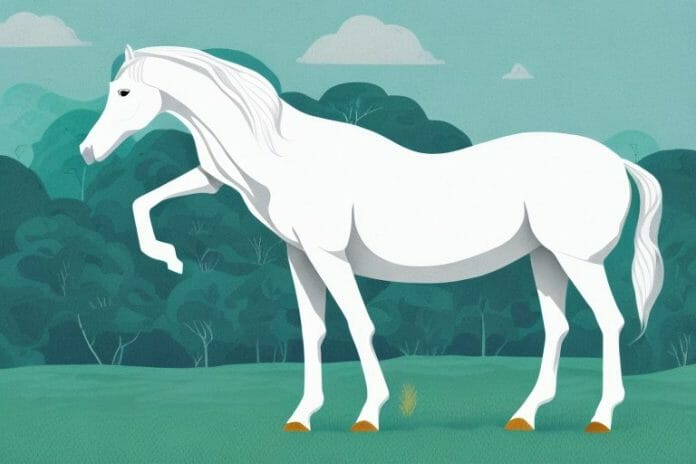 A white horse in a pasture with a river in the background