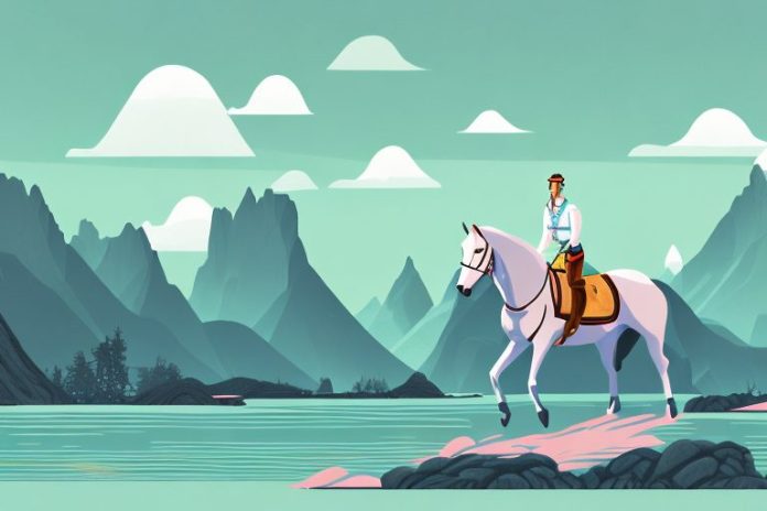 A horse and rider in a scenic landscape of fjords in secunda