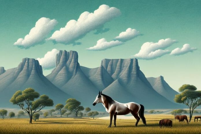 A hackney horse in a rural south african landscape with mountains in the background