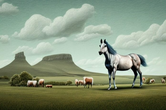 A hackney horse in a rural landscape in orkney