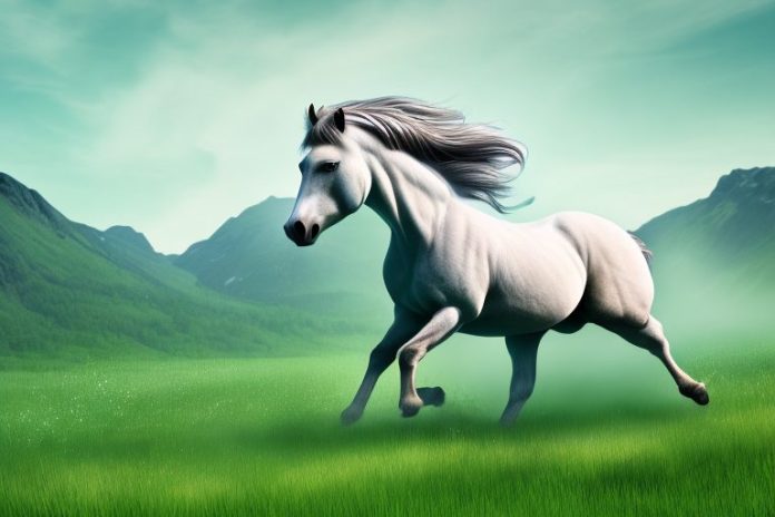 A majestic fjord horse galloping through a lush meadow in ermelo