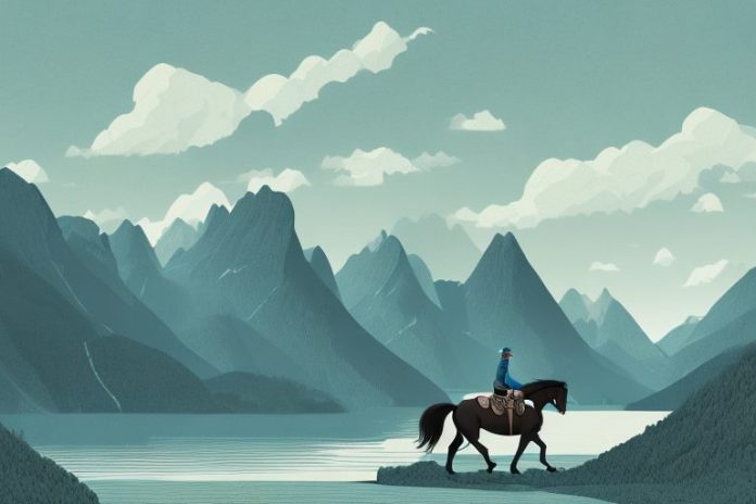 A horse and rider traversing a mountainous landscape with a fjord in the background