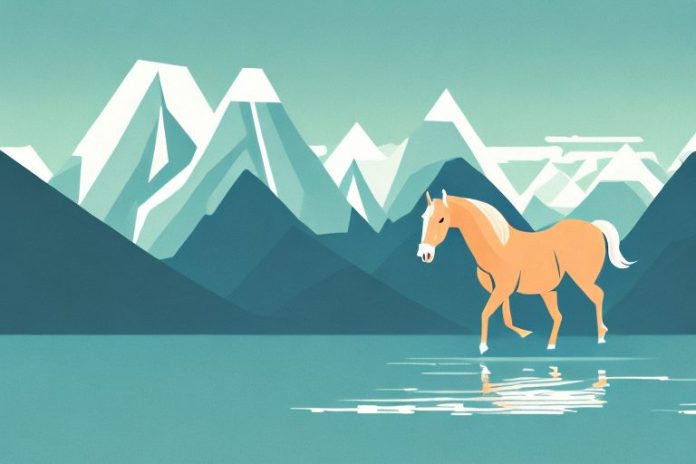 A horse standing in a fjord with a mountain landscape in the background