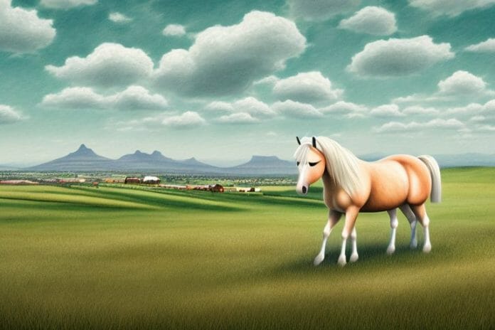 A haflinger horse in a rural setting with the landscape of krugersdorp