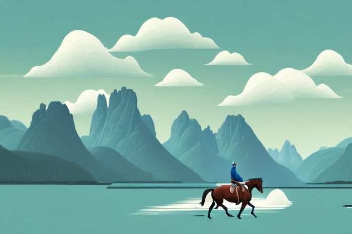 A horse and rider in a scenic landscape with a fjord in the background