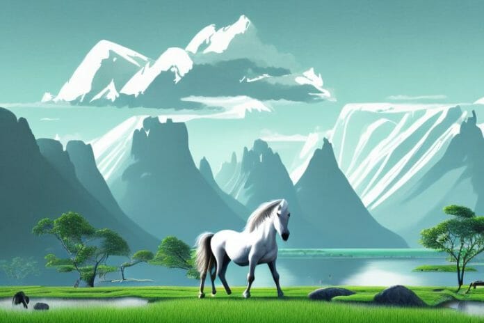 A tongaat landscape featuring a fjord horse grazing in the foreground