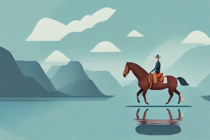 A horse and rider in a scenic fjord landscape in kimberley