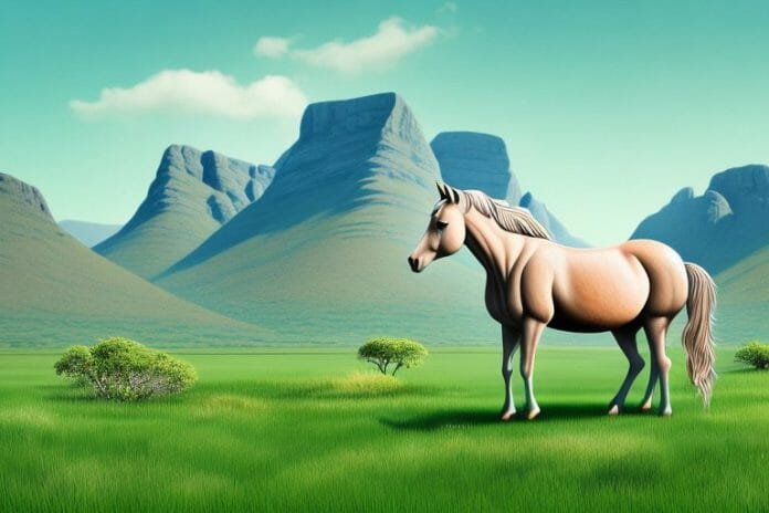 A fjord horse in a grassy landscape in phuthaditjhaba
