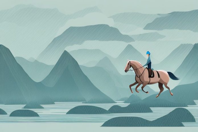A horse and rider galloping through a scenic fjord landscape