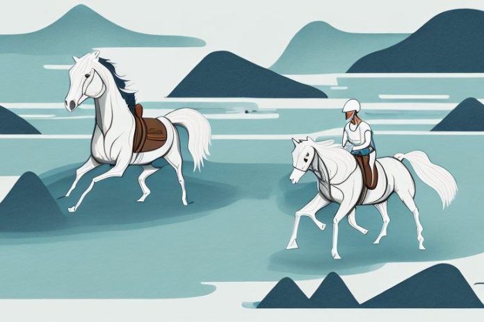 A horse and rider galloping through a fjord landscape in kuruman