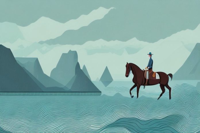 A horse and rider in a fjord landscape