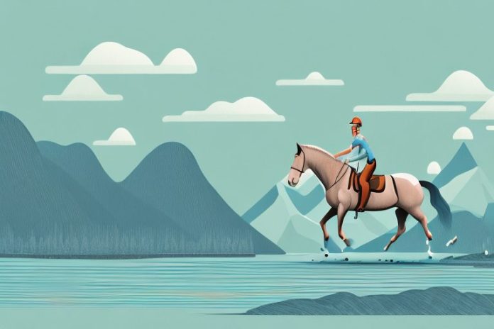 A horse and rider in a scenic fjord landscape