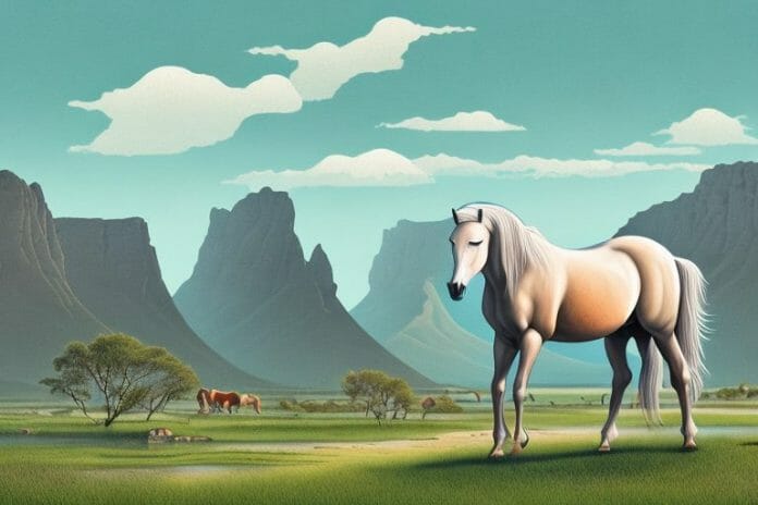 A fjord horse in a rural landscape in oudtshoorn