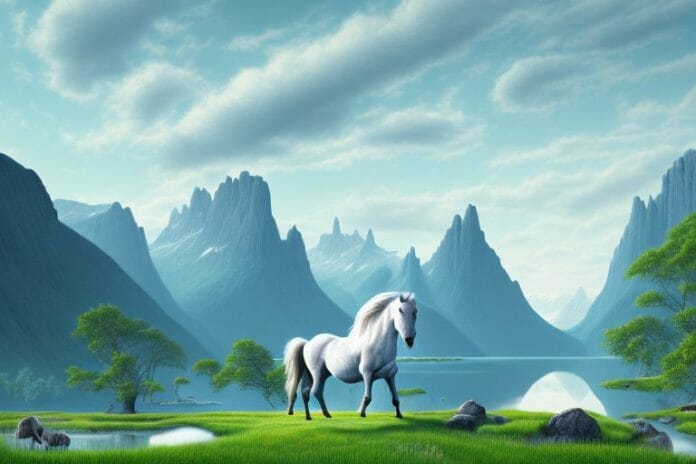 A beautiful landscape featuring a fjord horse grazing in the foreground