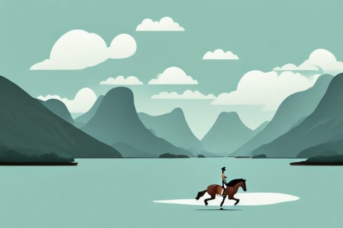 A horse riding through a scenic fjord landscape in hartswater