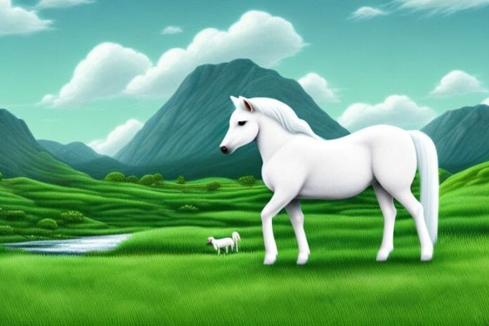 A white connemara pony in a grassy landscape with the white river in the background