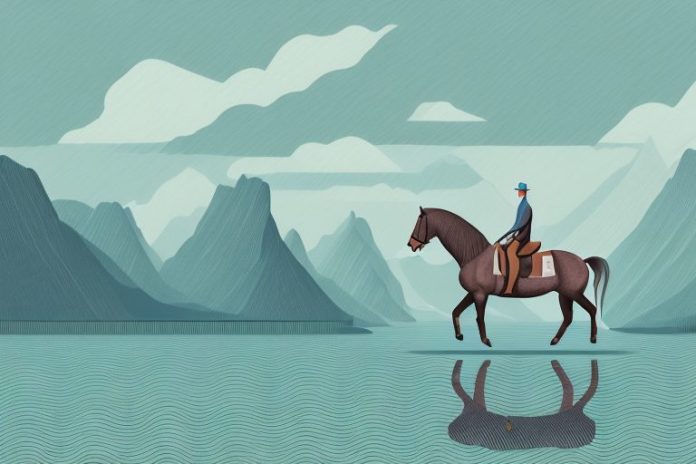 A horse and rider in a scenic fjord landscape