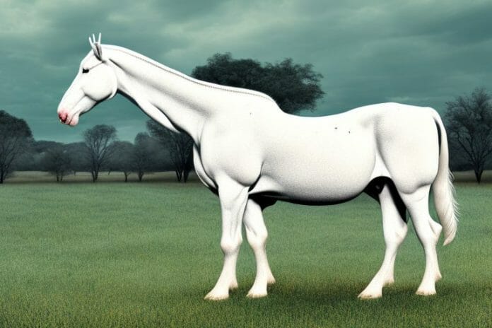 A white american cream draft horse in a rural setting in south africa