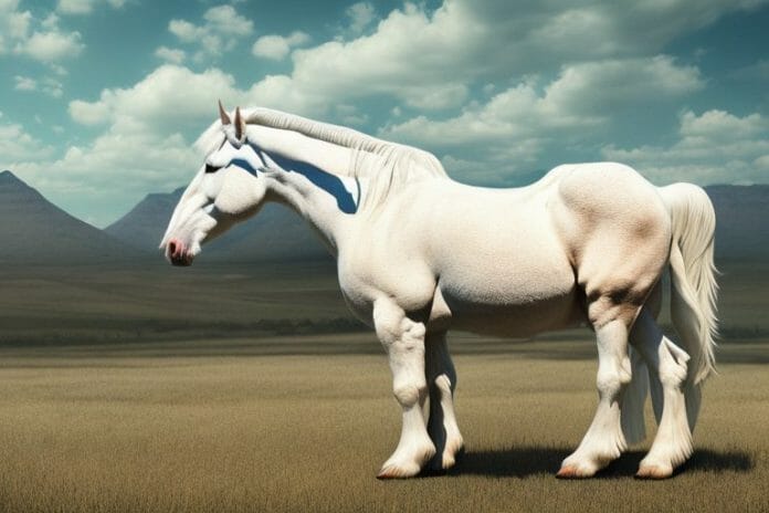 An american cream draft horse in a rural south african landscape
