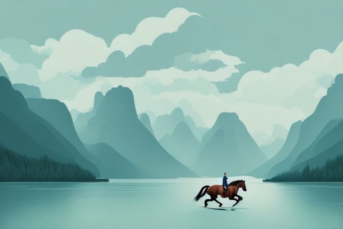 A horse riding through a majestic fjord landscape