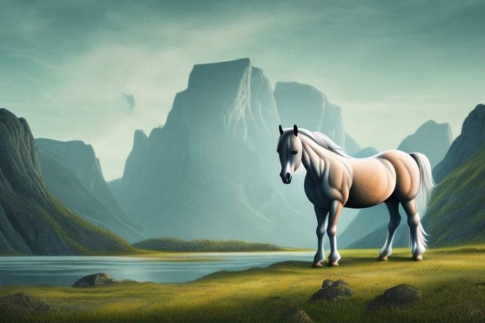 A fjord horse in a rural landscape