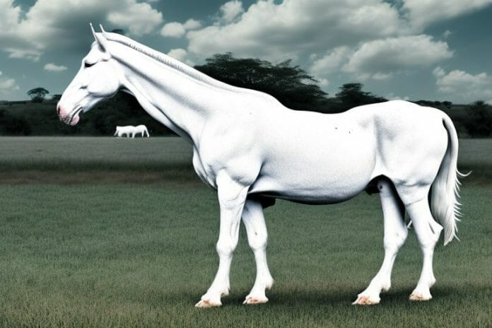 A white american cream draft horse in a rural setting in delmas