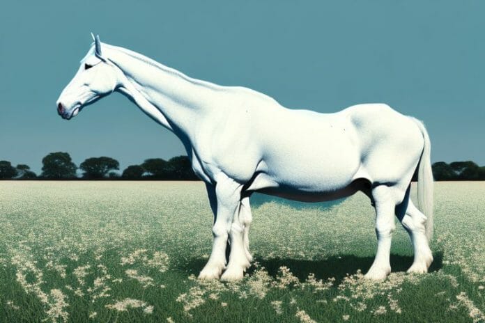 A white american cream draft horse standing in a field in south africa