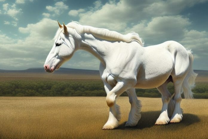 An american cream draft horse in a rural landscape in north west