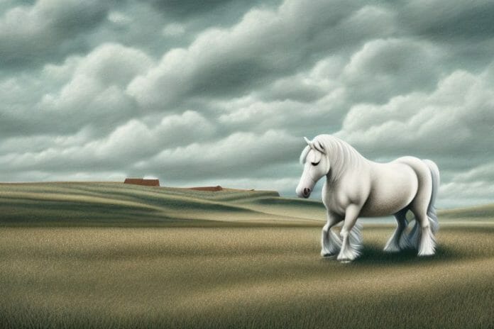A cream draft horse in a rural landscape in orkney