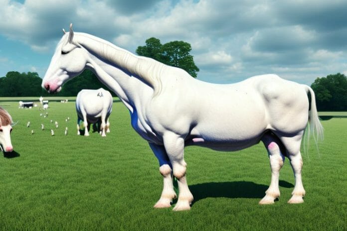 A british-style farm with a white american cream draft horse in the foreground