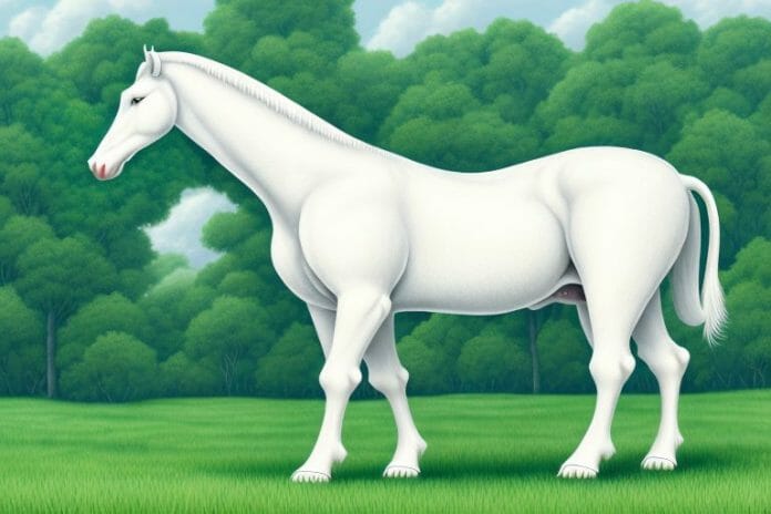 A white american cream draft horse standing in a lush