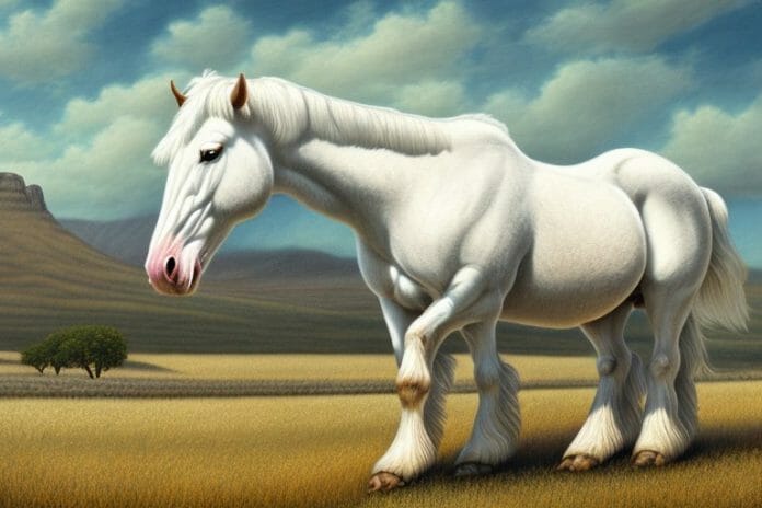 An american cream draft horse in a rural landscape in the western cape