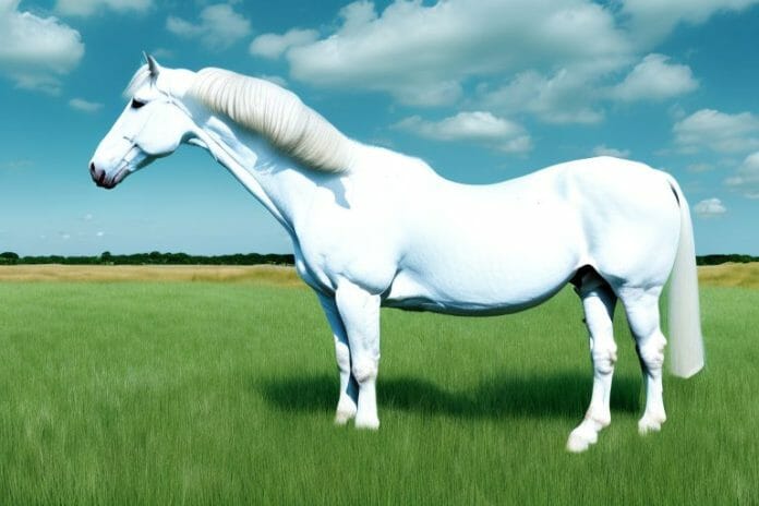 A white irish draught horse in a grassy field in margate