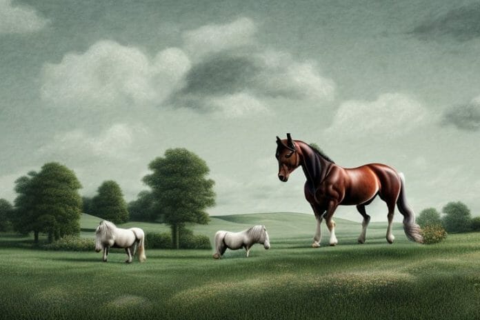 A rural landscape featuring an irish draught horse in the foreground