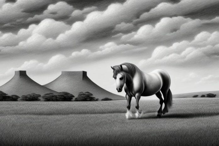 An irish draught horse in a rural south african landscape