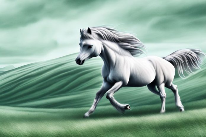 A majestic fjord horse galloping through the rolling hills of orkney