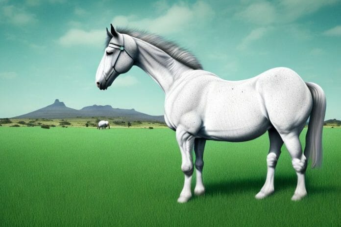 An irish draught horse standing in a grassy field in botshabelo