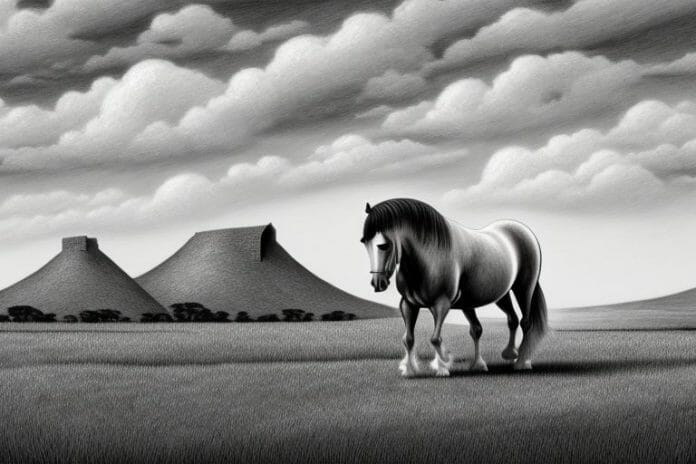 An irish draught horse in a rural south african landscape