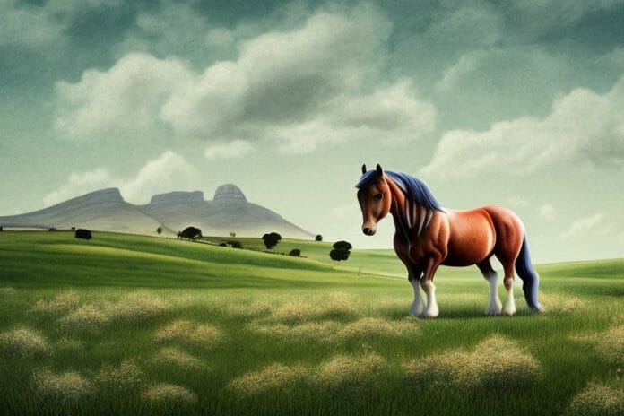 A rural landscape featuring an irish draught horse in a field in ficksburg