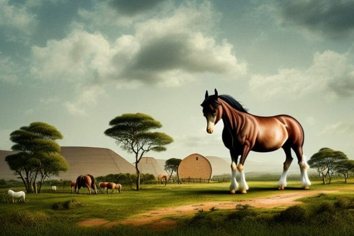 An irish draught horse in a rural landscape in limpopo