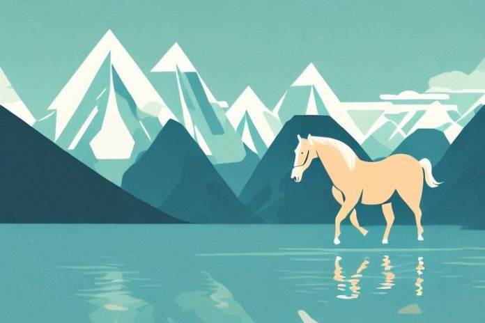 A horse standing in a fjord with a scenic mountain background